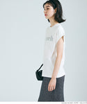 Tシャツ レディース カットソー ロゴTシャツ 半袖 プリント 英字 ロールアップスリーブ  ミディアム丈 メール便可 24aw